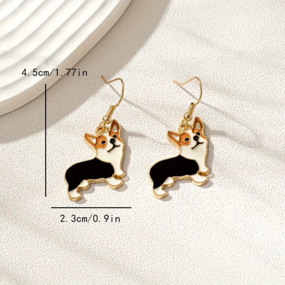 Corgi Dog Dangle Earrings Enamel 1.77 Inch Drop Fish Hook White Black Tan New - Picture 5 of 8
